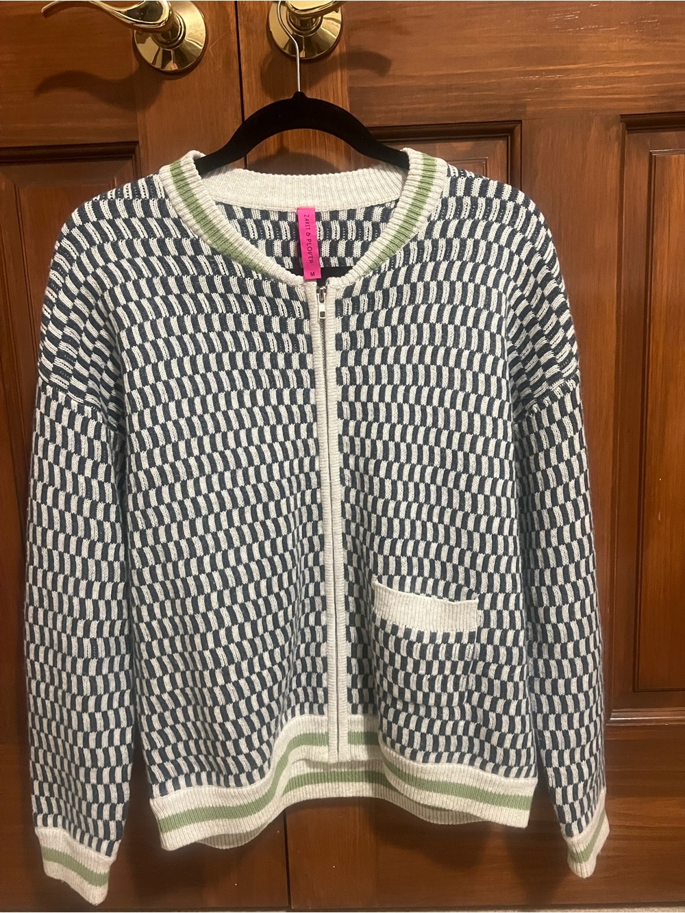 Zaket & Plover Checker Knit Zip Cardigan in Navy, White & Green